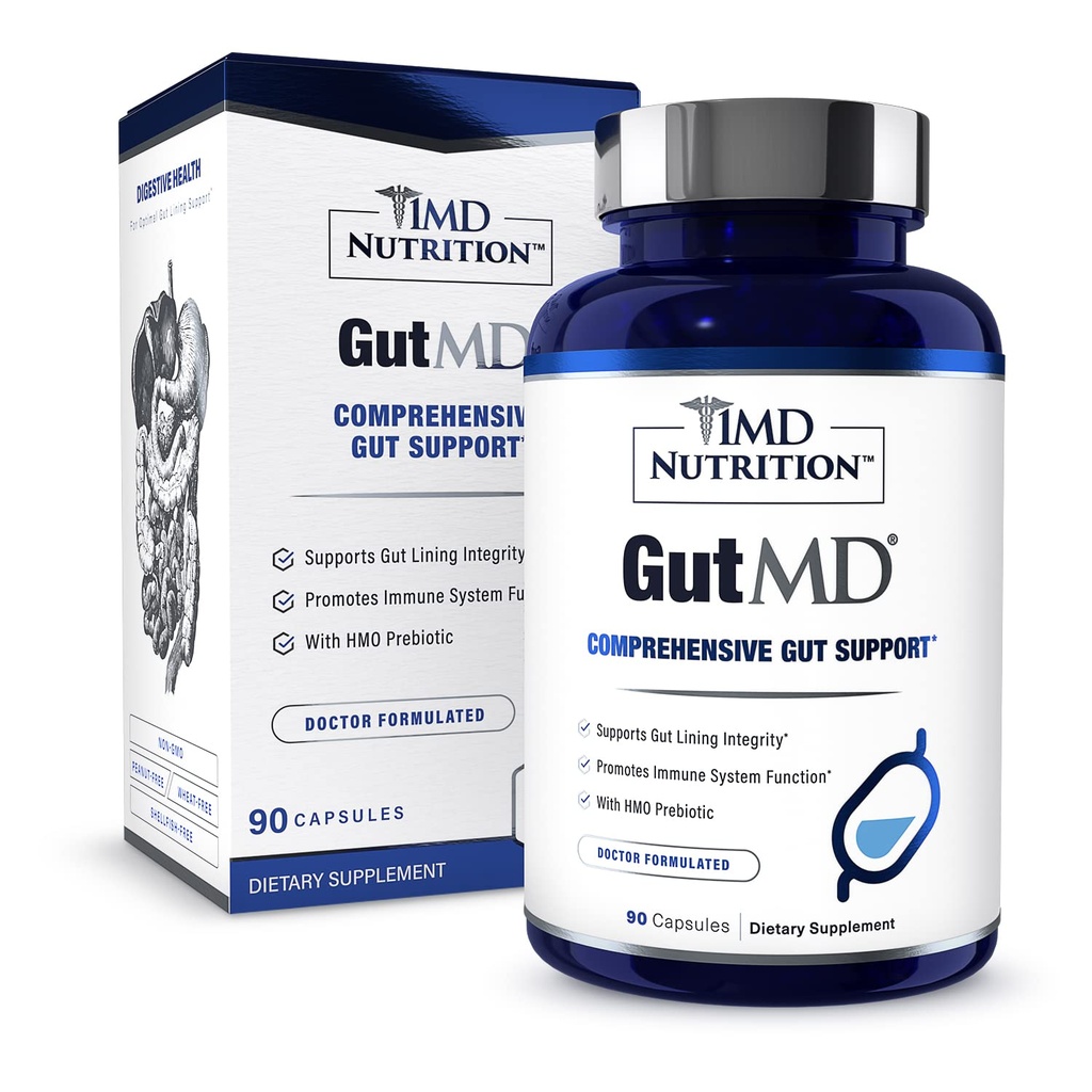 1MD Nutrition GutMD - L- Glutaminkapsler w / Prebiotic for Gut Health - L Glutaminsupplement - Understøtter sund fordøjelsesevne - 90 kapsler