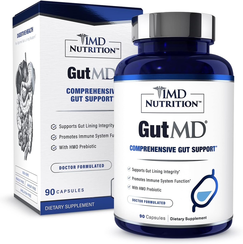 1MD Nutrition GutMD - L- Glutaminkapsler w / Prebiotic for Gut Health - L Glutaminsupplement - Understøtter sund fordøjelsesevne - 90 kapsler