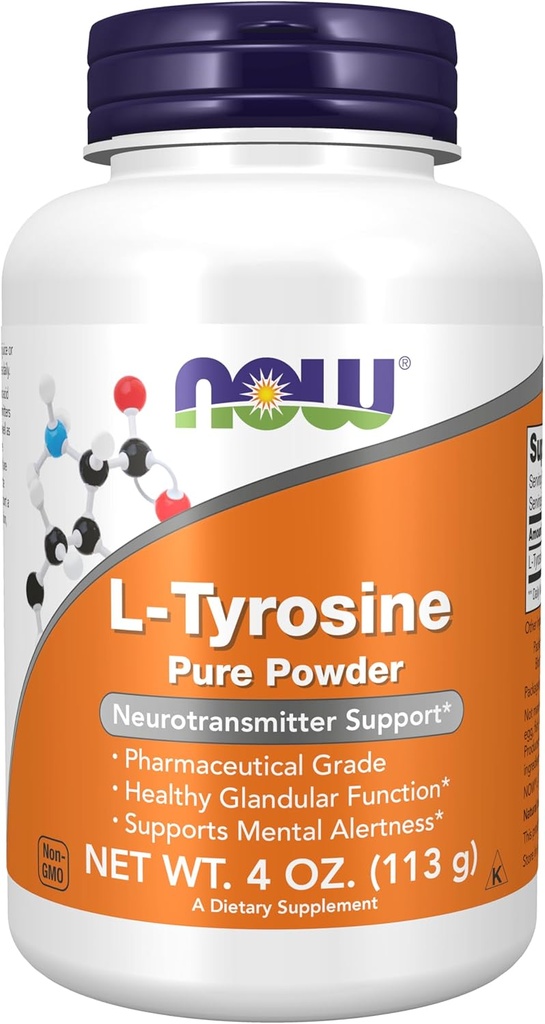 Now Foods Supplements, L- Tyrosine Powder, Free- Form, Neurotransmitter Support *, Aminosyre, 4- Ounce