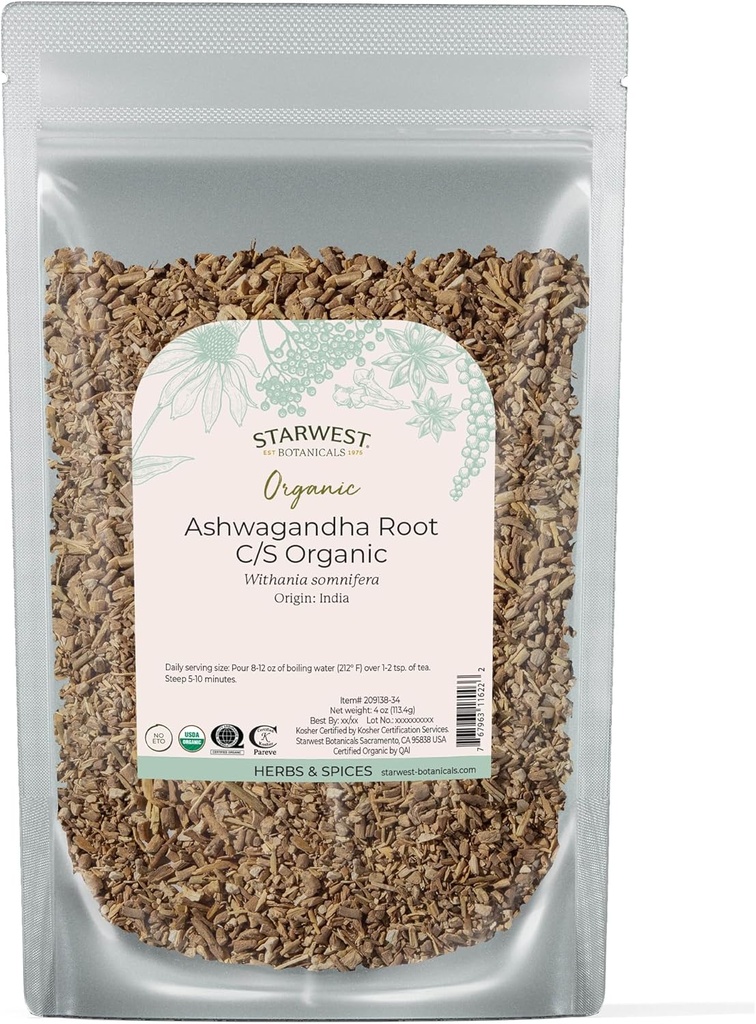 Starwest Botanicals Organic Ashwagandha Root for Women & Men - Tørret urt til te, kapsler, & Natural Herbal Blends, Cut & Sigted, Certified Kosher, Non- GMO - 4 oz Pouch