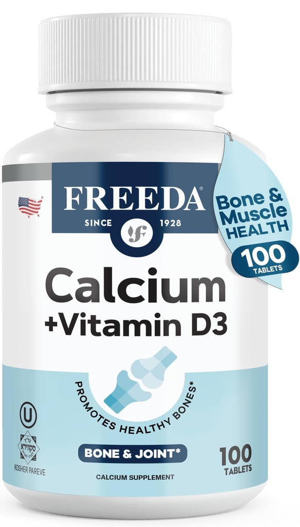 FREEDA Calcium 600 mg med D3- vitamin 400 IE - Essential Bone Support Supplement - Kosher, Gluten- Free, Easy- to- Swallow overtrukne tabletter til kvinder og mænd (100 Ct)