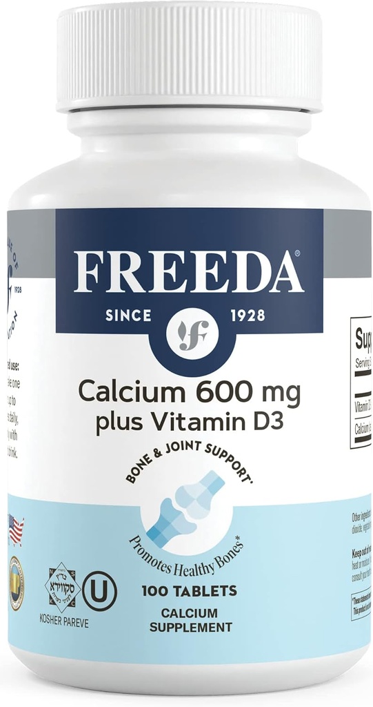 FREEDA Calcium 600 mg med D3- vitamin 400 IE - Essential Bone Support Supplement - Kosher, Gluten- Free, Easy- to- Swallow overtrukne tabletter til kvinder og mænd (100 Ct)