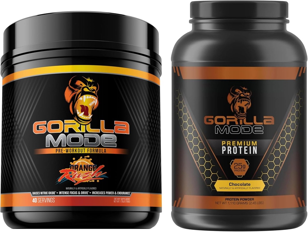 Gorilla Mind Pre Workout (Orange Rush) + Premium Whey Protein (Chokolade) - Omfattende stak til fueling maksimale resultater