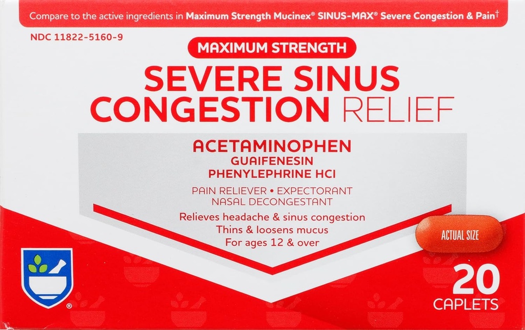 Rite Aid Svær Sinus Medicin og Nasal Decongestant, Maksimum Styrke - 20 Caplets - 124; Sinus Relief - 124; Pain Relief - 124; Multi- Symptom Cold and Flu- Medicine - 124; Svær Cold & Sinus Medicin til voksne