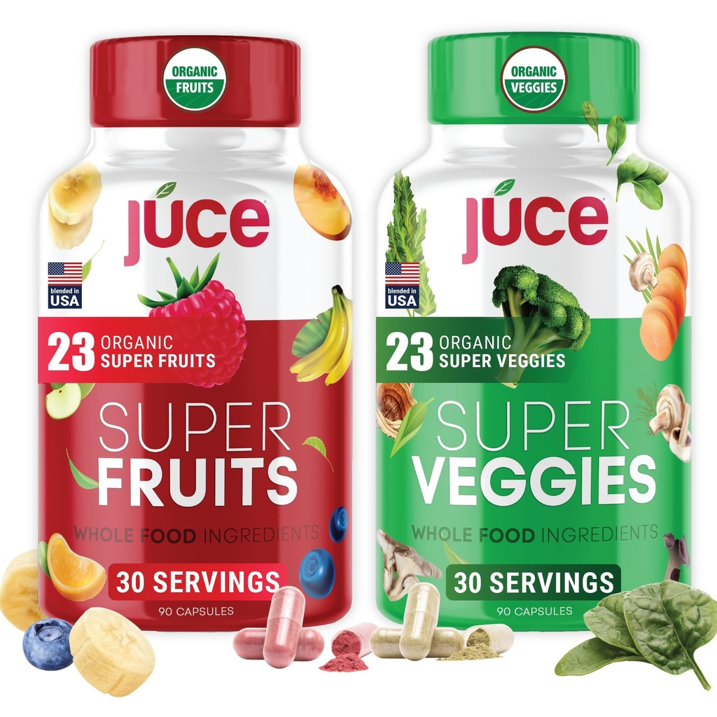 Juce Original Formel - Organic Super Fruit & Veggies Supplement - Gluten / Gelatine Free, Soy Free & Vegan- Red & Greens Superfood Capsules - 23 Frugter & 23 Grønsager (180 Greve) - Af Terra Kai Organics