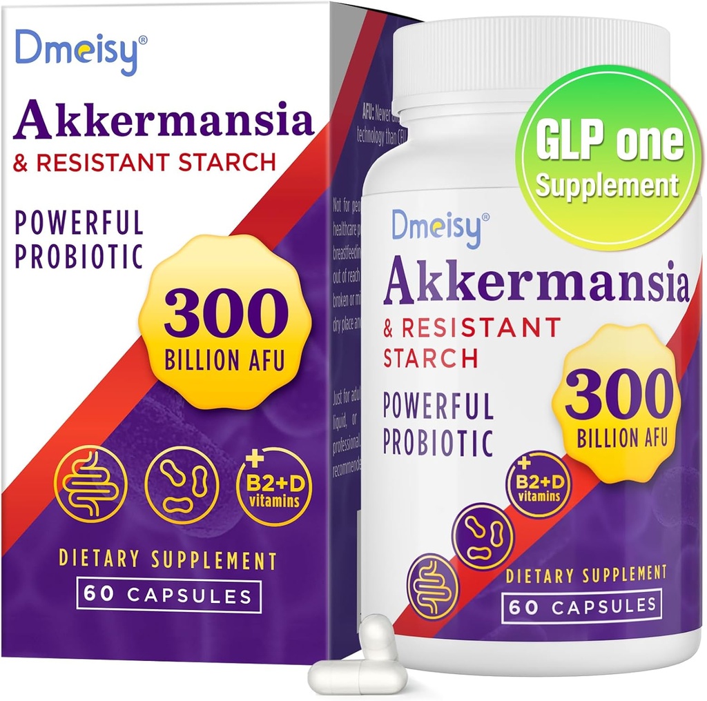 GLP ONE Supplement - 300 Millioner AFU Akkermansia Muciniphila, Akermansia Probiotiske for kvinder & mænd, for Boost, fordøjelsesbesvær, Gut, Immunitet, Forbedrer Gut Lining Function & Intestinal Walls, 60 Greve