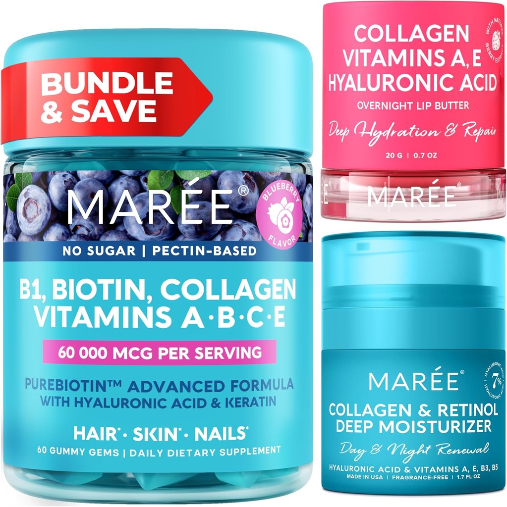 MAREE Bundle - Vitamin B1 Thiamin Gummies, Lip Mask, Face Moisturizer - A, E, D, C Vitaminer - Collagen & Hyaluronic Acid, Retinol- Kompleks for hud, negle, hår - Maske for tørre læber - Anti- Aging Cream