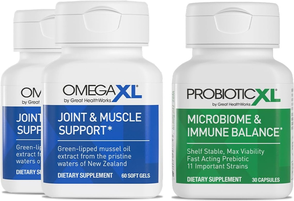 OmegaXL Powerful Joint and Muscle Support 60 Count (2 Pack) & Probiotic XL - PreforPro, DE111, Hylde Stabil - Fremme sund Gut Flora vækst (30 Veggie caps)