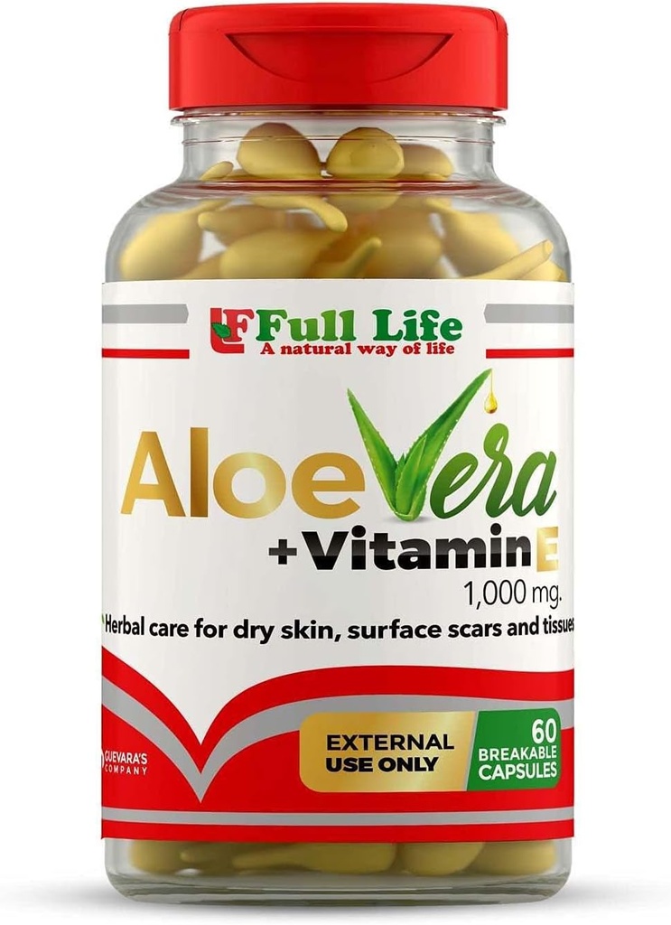 Full Life Aloe Vera + E-vitamin, 60 breakable kapsler - fugtgivende, Anti- aging - sund hudpleje