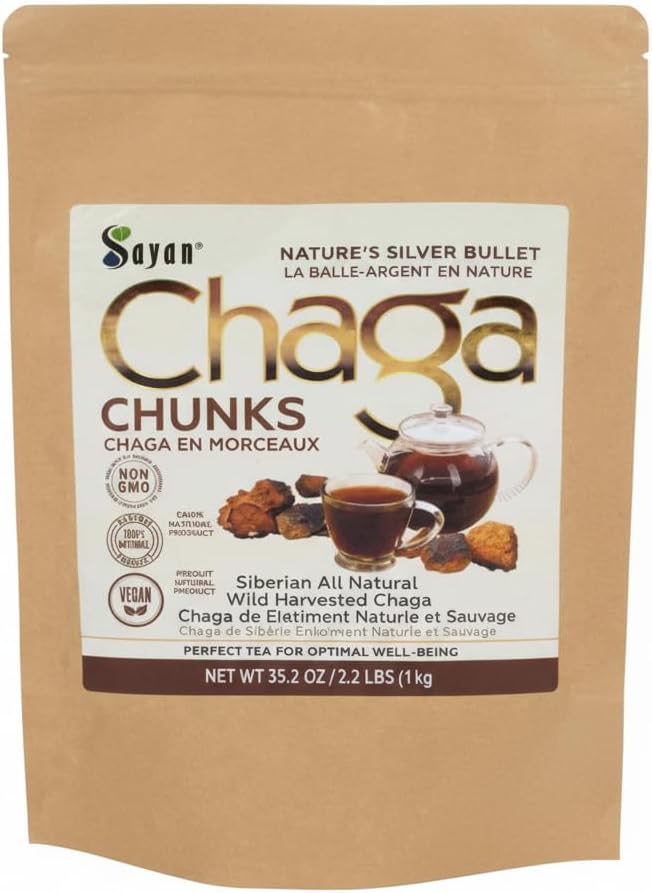 Sayan Siberian Pure Raw Chaga Mushroom Chunks med Black Top Crust 35,2 Oz / 2,2 lb - Premium Wild- Hartered Antioxidant Tea for immunforsvar, fokus og fordøjelsessygdomme - Non- GMO