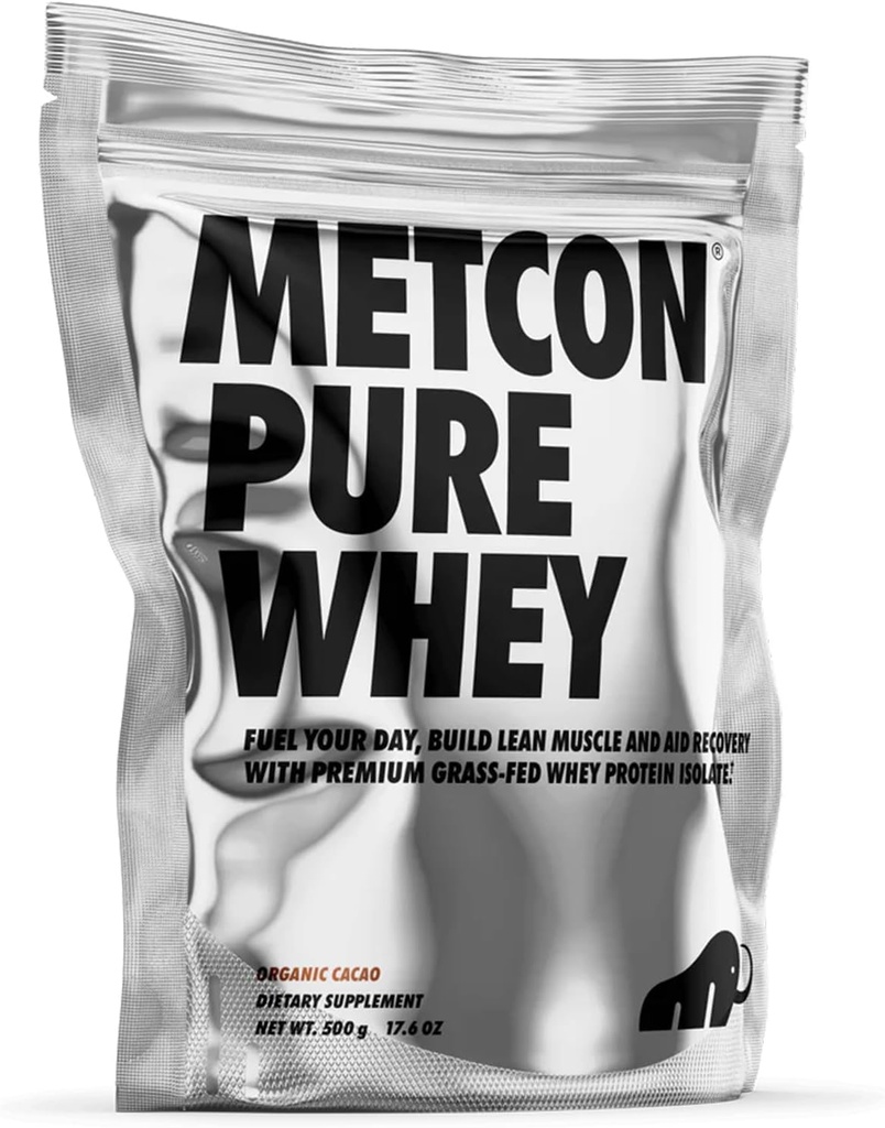 MetCon Whey Protein Isolate - Premium Grass-Fed Whey Protein Isolate Powder with 5 All-Natural Ingredients, No Fillers, Organic Cacao Flavor (500g)