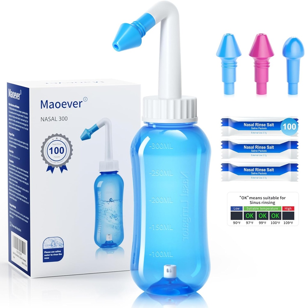 MAOEVER Neti Pot Sinus Rinse Flaske med 100 Nasal Vask Salt Pakninger Næse Vask Renere Skyl Nasal Vanding for Voksen & Kid BPA Gratis 300 ML med Sticker Termometer (blå)