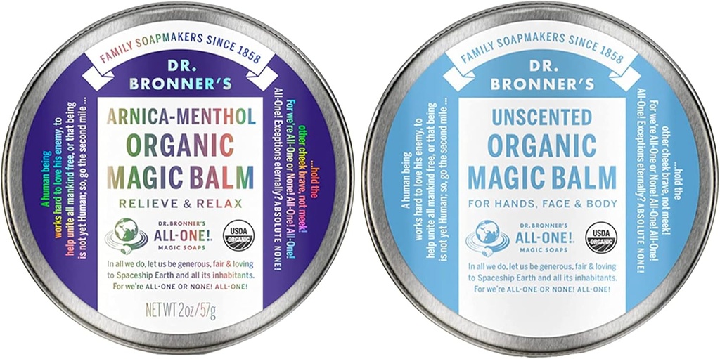 Dr. Bronners - Organic Magic Balm (2 Oz Variety Pack) Arnica- Menthol & Baby Uduftende - Lavet med Økologisk Bivoks & Hamp Oil, Fugt og lindrer hænder, Ansigtet & Kropstykkelse 124; 2 Greve