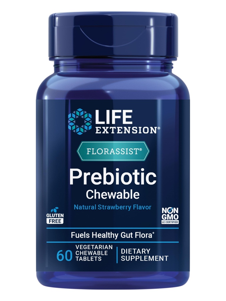 Life Extension FLORASSIST ® Prebiotic Chewable (Strawberry), 1000 mg xylooligosaccharides, prebiotic Supplement Giver brændstof til Gut Flora, Gluten- Free, Non- GMO, Vegetarisk, 60 tyggetabletter