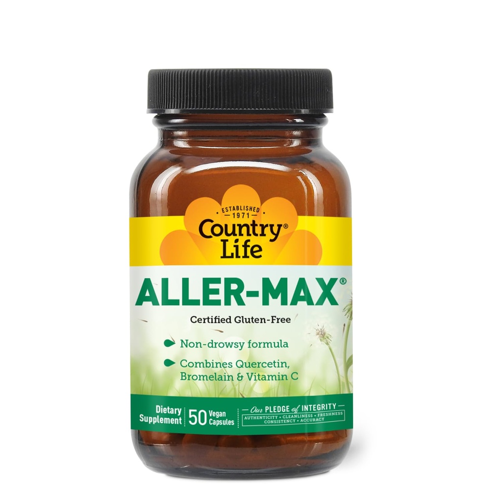 Country Life Aller- Max - Quercetin Kosttilskud med bromelain - Immunstøtte med C-vitamin, zink og botanisk blend - Certificeret Glutenfri, Vegan (50 greve (pakke med 1))