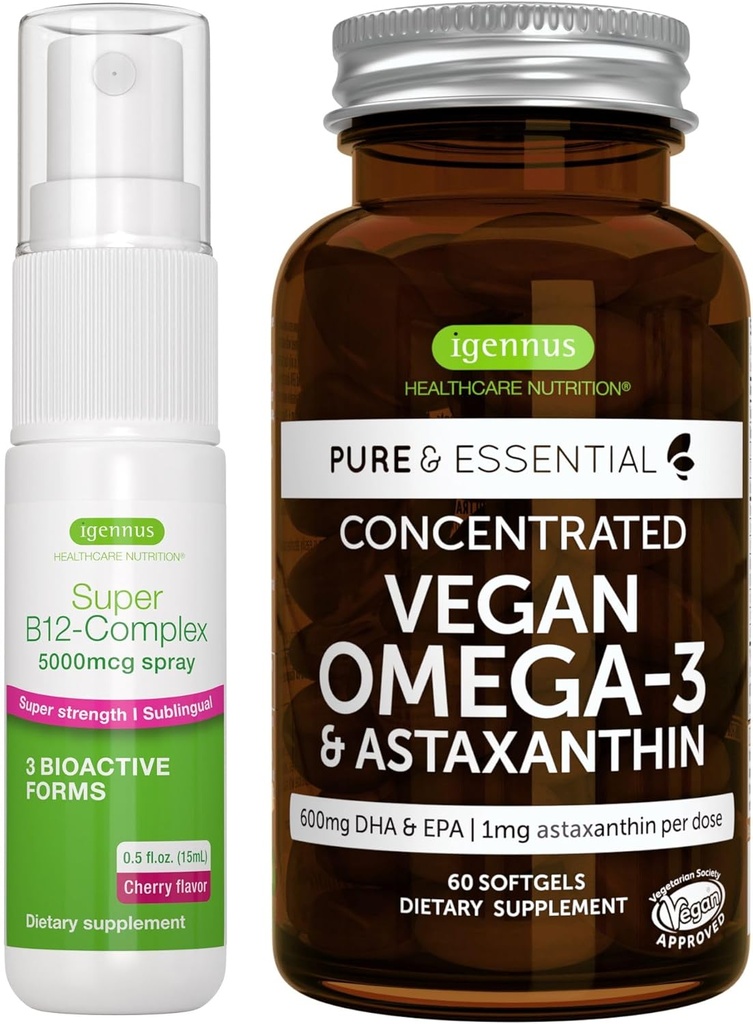 Vegan Omega-3 Algae Oil + Super B12-Complex 5000mcg Vegan Bundle, High Concentration DHA & EPA + High Strength B12 Cherry Flavor Sublingual Spray, by Igennus