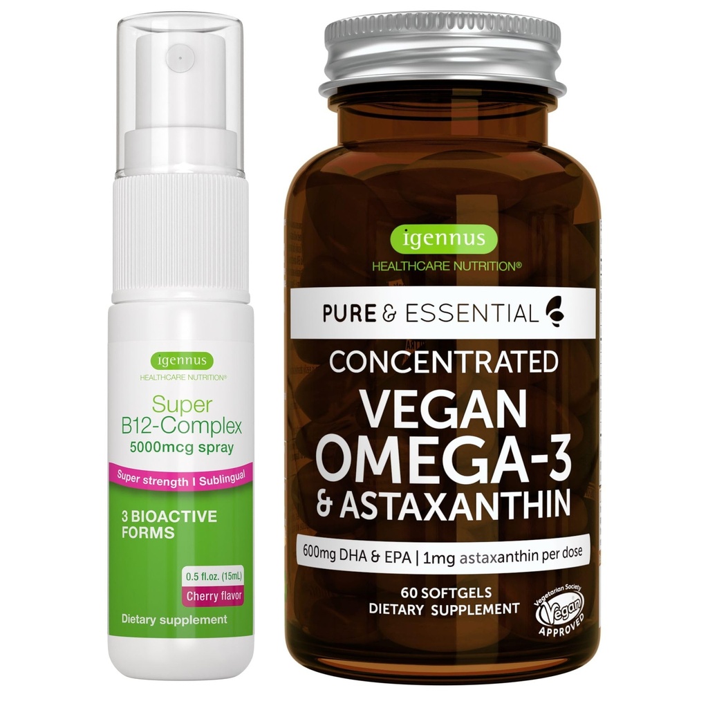 Vegan Omega-3 Alger Oil + Super B12- Complex 5000mcg Vegan Bundle, Høj koncentration DHA & EPA + Høj styrke B12 Cherry Flavor Sublingual Spray, af Igennus