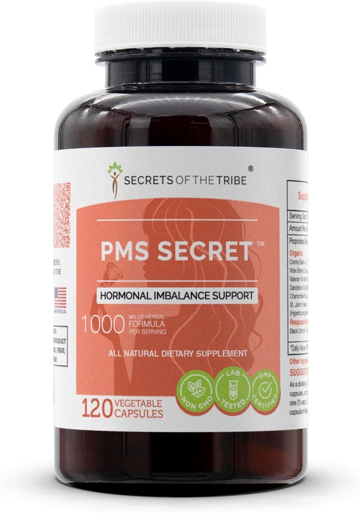 PMS Secret 120 Capsules, 1000 mg, Black Cohosh, Cramp, Vitex, Valerian, Mælkebøtte, Kamille, St. John 's Wort. Hormonal imbalance support (120 kapsler)