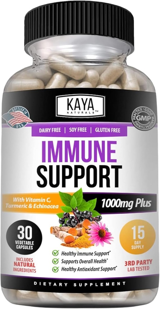 Kaya Naturals Elderberry immunsupport 124; Vitamin med zink og C-vitamin til voksne, Probiotika & gurkemeje 1000mg immunsystem Booster Sambucus kapsler - 30 Tæl