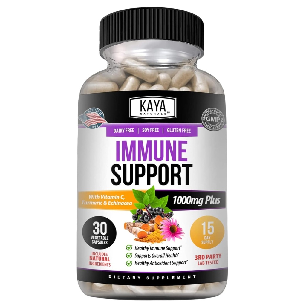 Kaya Naturals Elderberry immunsupport 124; Vitamin med zink og C-vitamin til voksne, Probiotika & gurkemeje 1000mg immunsystem Booster Sambucus kapsler - 30 Tæl