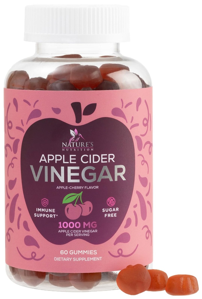 Vegan Apple Cider Vincious Gummies 1000mg - Sugar Free ACV Gummy Vitamin Supplement med vitamin B12 til energi - Keto Friendly fordøjelse, Detox, Cleanse Support - Gelatin- Free, Non- GMO - 60 Gummies
