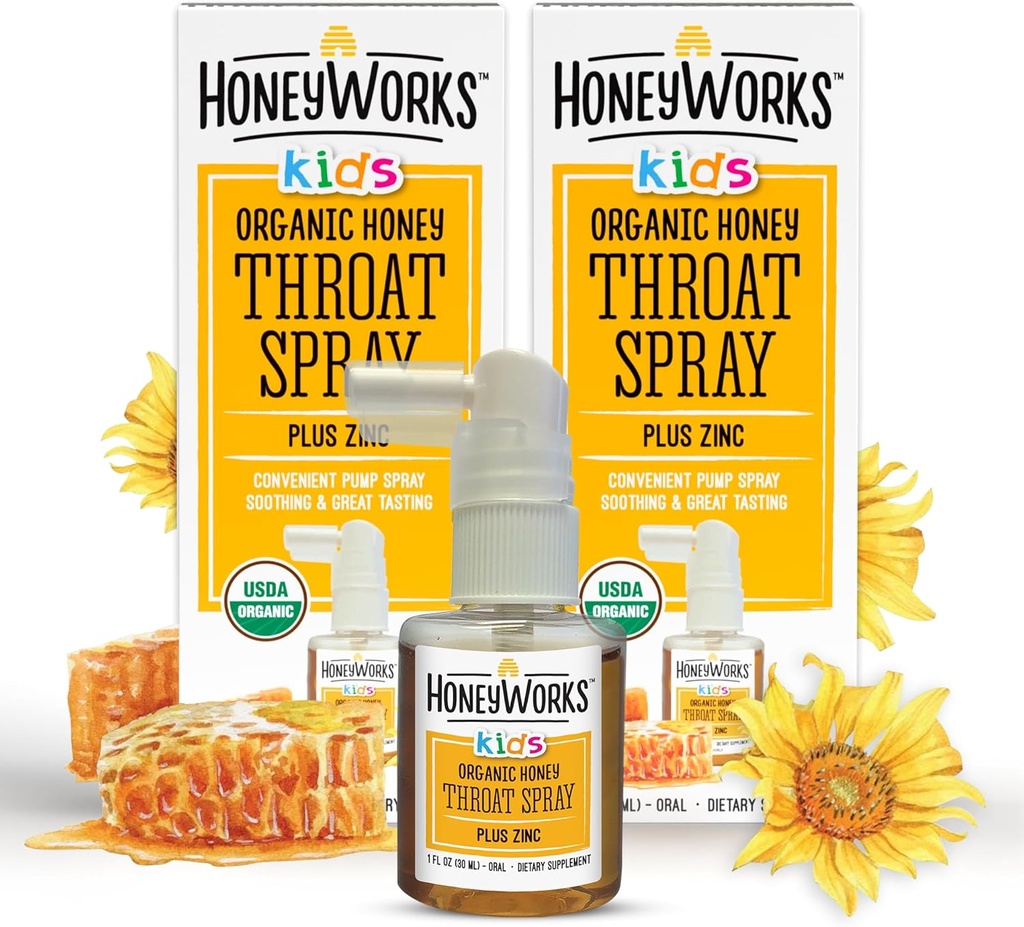 HoneyWorks Kids Throat Spray til Sore Throat Relief, 1 Oz (pakke af 2) Lindrende Non- GMO USDA Organic Dark Honey + Zink, Fast- Fungerende Relief, 12 Måneder +