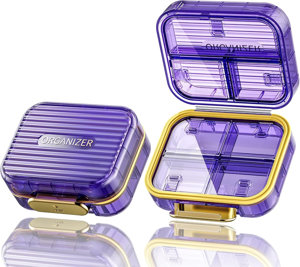 Acedada Small Pill Box, Travel Pill Organizer, Compact 7-Compartment Moistureproof Pill Case for Purse, Chic Daily Pill Container, Portable Medicine & Vitamin Holder for Fish Oil & Supplements, Purple