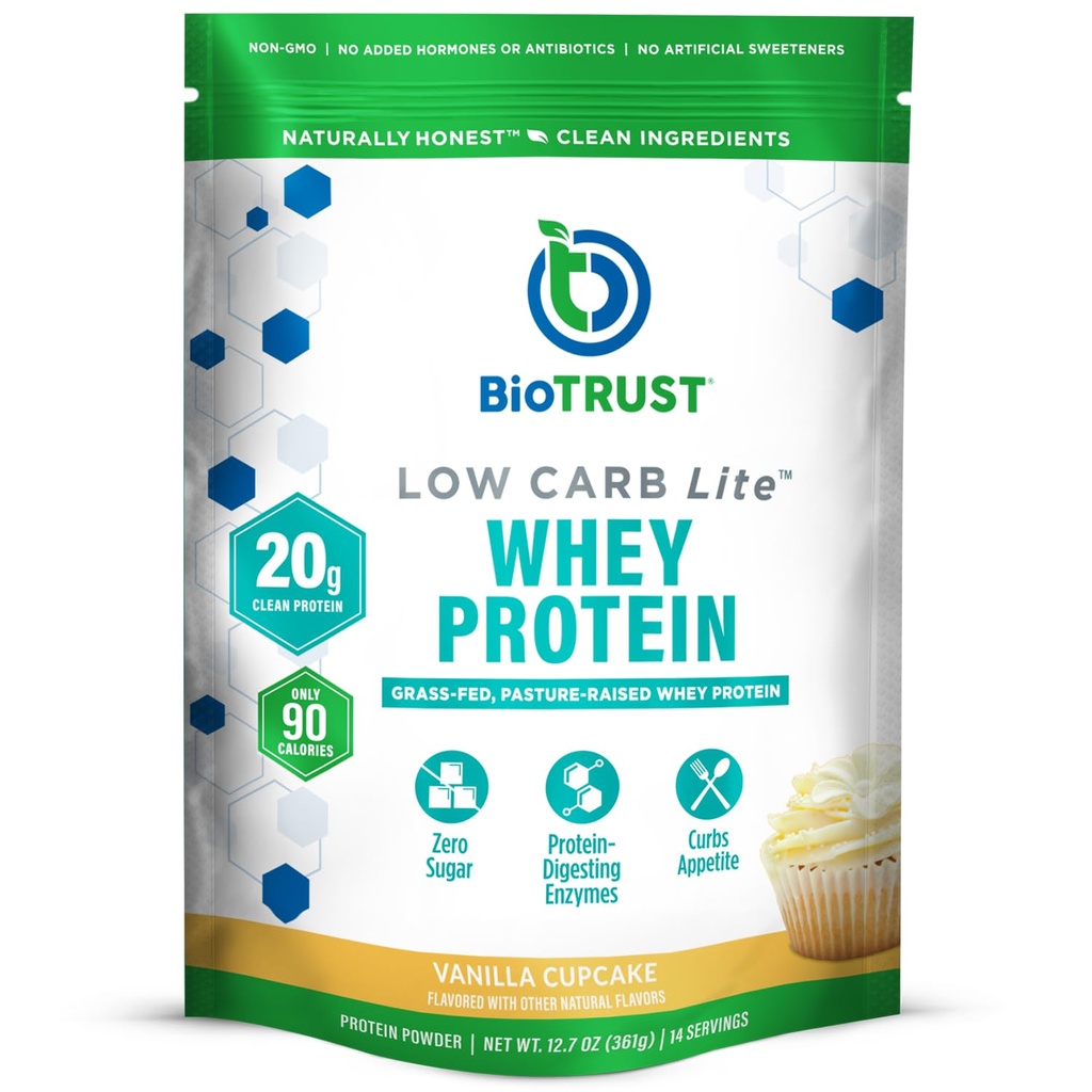 BioTrust Low Carb Lite, 20 Grass- Fed Whey Protein Isolate, 100 kalorier, ProHydrolase fordøjelsesenzymer, Non- GMO, Gratis fra Soy og Gluten, rBGH-Free (14 Servere) (Vanilla Cupcake)