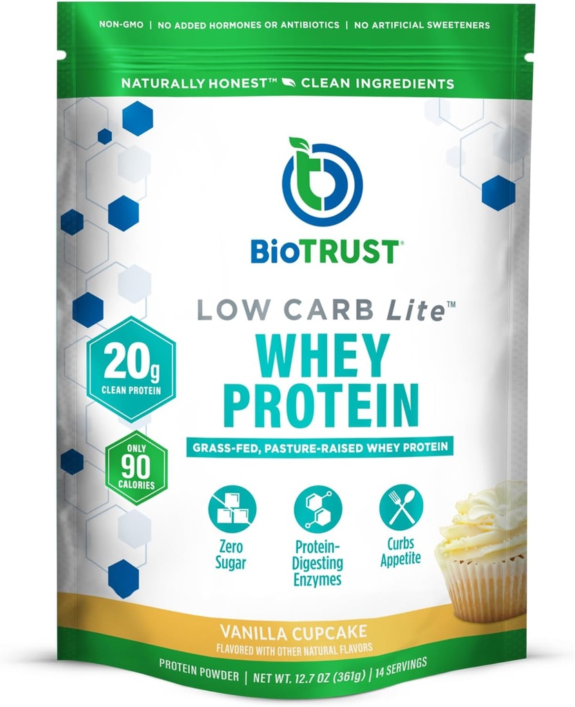 BioTrust Low Carb Lite, 20 Grass- Fed Whey Protein Isolate, 100 kalorier, ProHydrolase fordøjelsesenzymer, Non- GMO, Gratis fra Soy og Gluten, rBGH-Free (14 Servere) (Vanilla Cupcake)