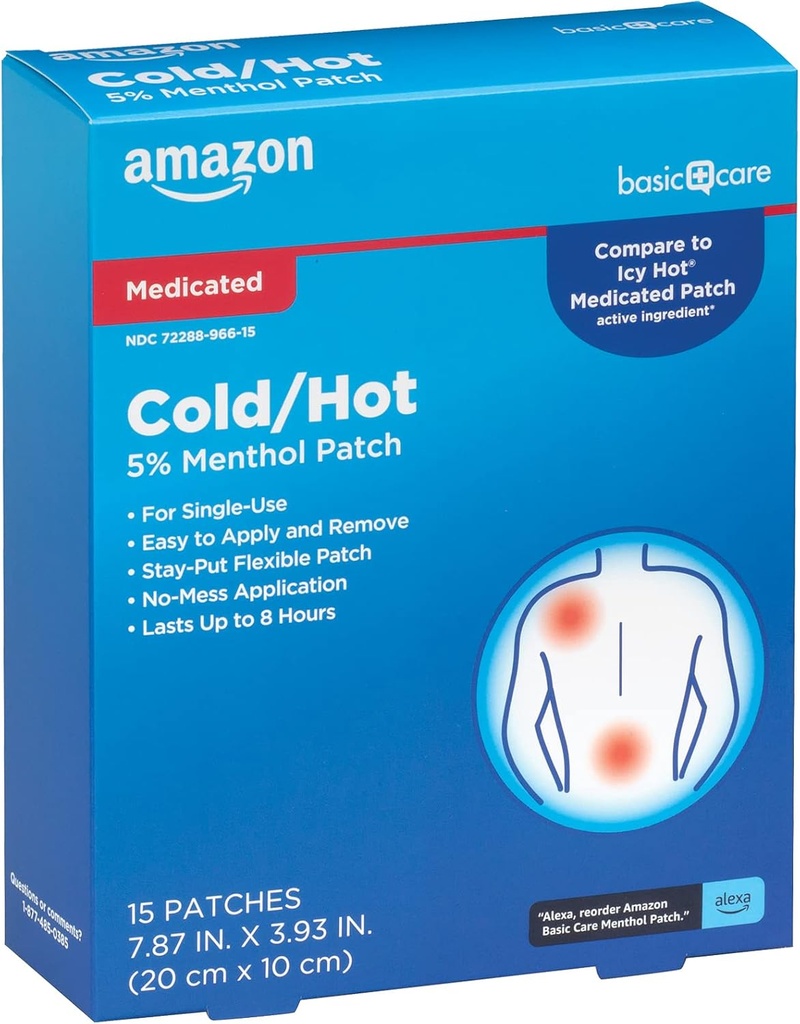 Basic Care Medicated Cold Hot 5% Menthol Patch, 7,87 "x 3,93", 15-Count Box (Tidligere HealthWise)