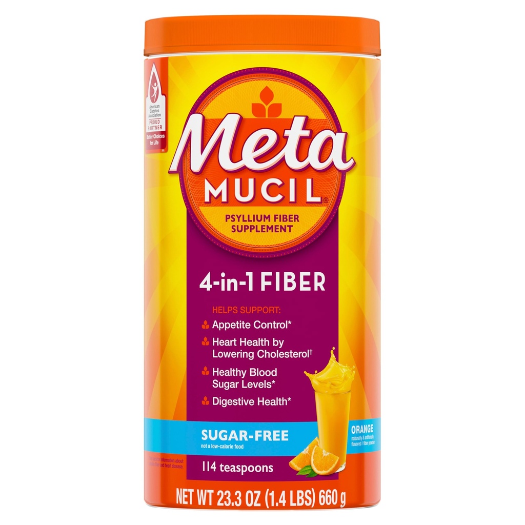 Metamucil 4- in-1 Psyllium Husk Fiber Supplement, Sugar- Free, 114 teskefulde, Orange Flavored, Daglig Fiber Pulver til fordøjelse, lavet med Plant- Based Psyllium Husk Fiber