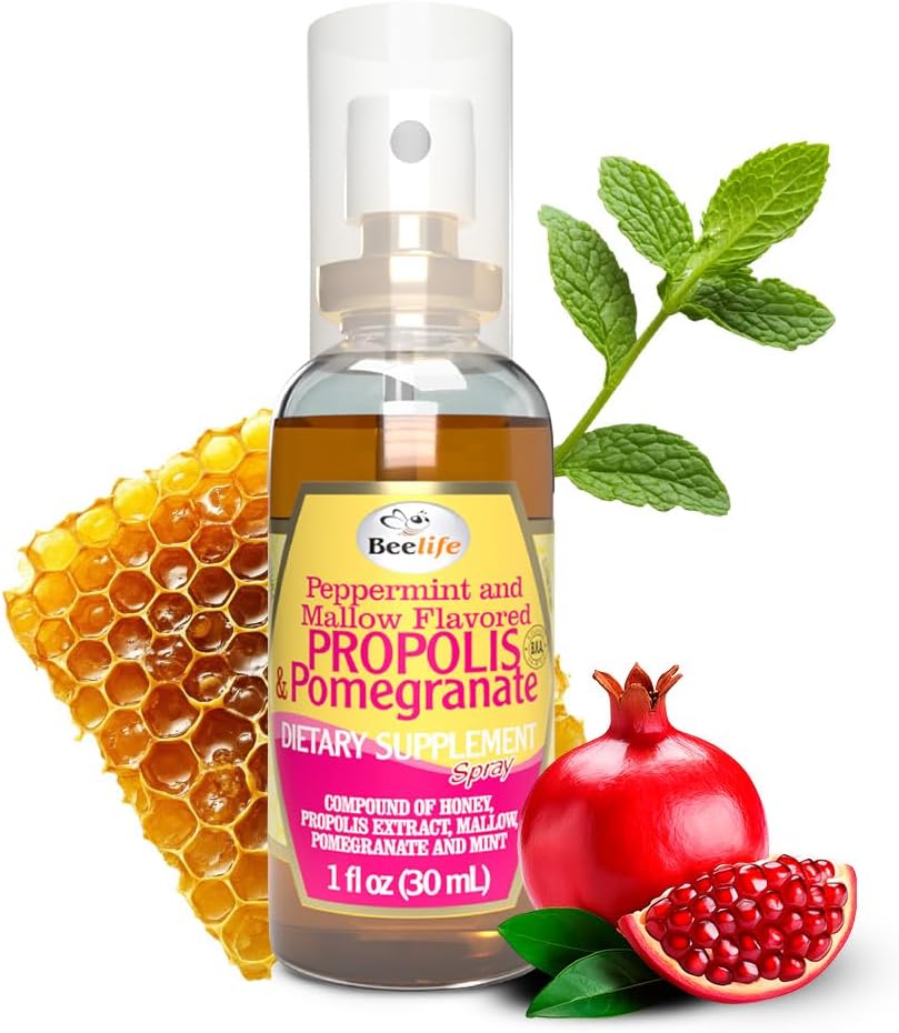 Beelife Propolis Throat Spray - Lindrende honning, Mint & Pomegranat - Naturlig immunforsvar & Sore Throat Relief - Antioxidanter, Rich in Flavonoider & Artepillin C, Ingen Sukker, Gluten- Free, 1- Pack, 30ml