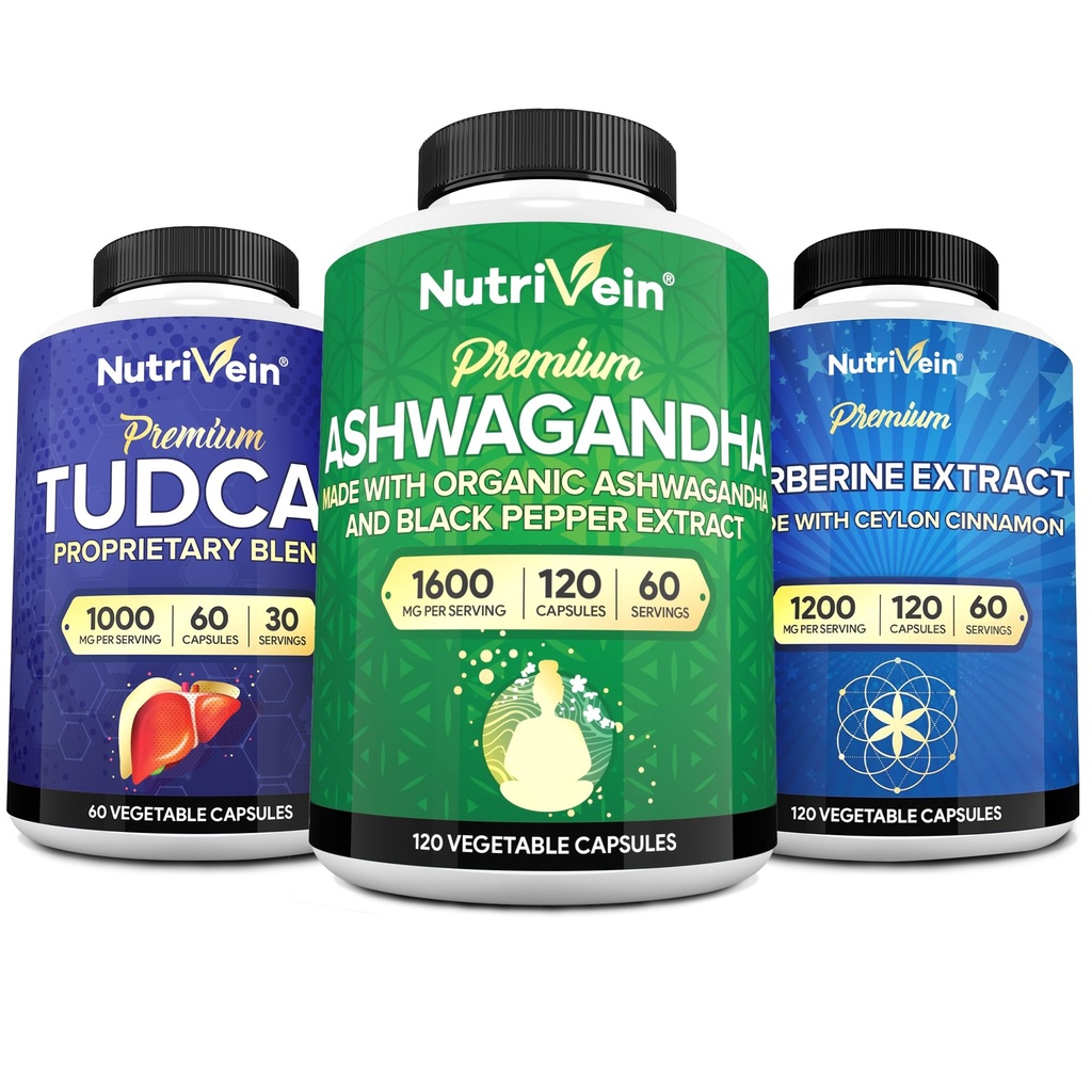 Nutrivein Premium TUDCA, Berberine Kosttilskud, og Ashwagandha Kostbundle: High- Absorption Berberine Complex, Ashwagandha Root Extract, & TUDCA for Detox, Vitality & Well- Being