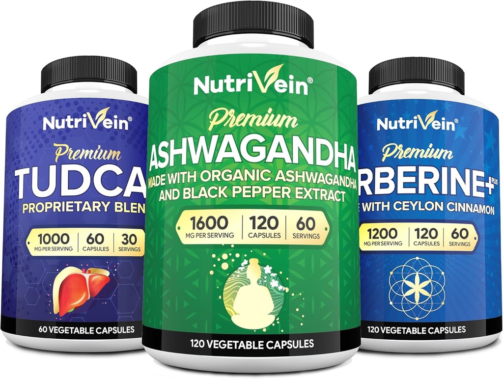 Nutrivein Premium TUDCA, Berberine Kosttilskud, og Ashwagandha Kostbundle: High- Absorption Berberine Complex, Ashwagandha Root Extract, & TUDCA for Detox, Vitality & Well- Being