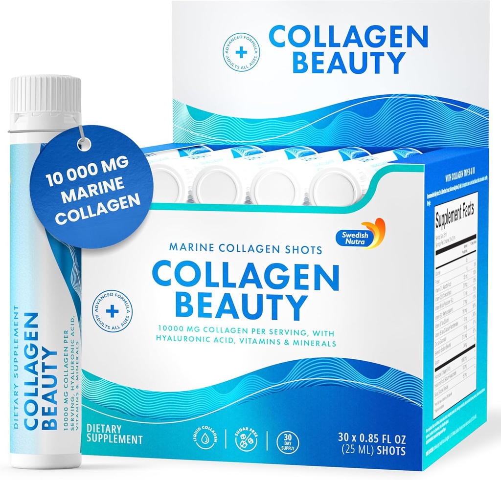 Swedish Nutra - Collagen Beautys124; 10.000 mg Hydrolyzed Marine Collagen Liquid Supplement - 30 x 25 ml daglige skodder124; Hyaluronsyre og C-vitamin til at understøtte sundt hår, hud, negle; sukkerfri