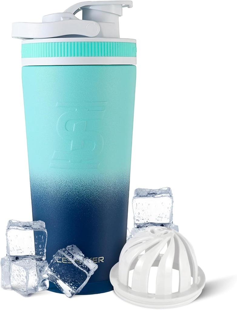 Ice Shaker Isoleret rustfrit stål Shaker Flaske Budding124; 26oz, Navy / Mint Budding124; Koldt for 30 + Timer Budding124; Isoleret Cup med Twist- on Agitator Budding124; Odor- Free Flaske til Protein Shakes, Vand, Smoothies, Cocktails
