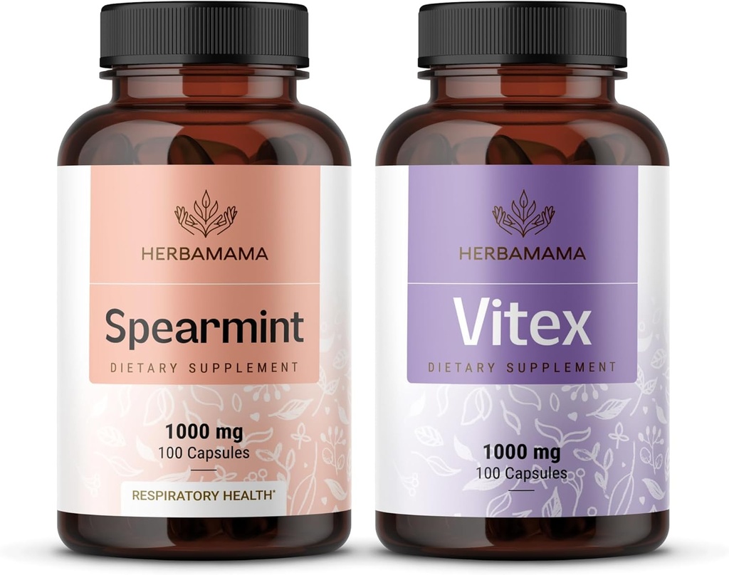 HERBAMAMA Spearmint and Vitex Kit - Bundle of 1000 mg Spearmint Leaf & Vitex Chasteberry Capsules - Vegan, Non- GMO, Gelatin- Free - 2 Pack