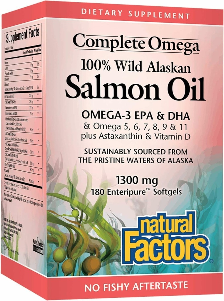 Komplet Omega af naturlige faktorer, Wild Alaska Salmon Oil, understøtter hjerte og hjerne sundhed med Omega-3 DHA og EPA, 180 softgels (180 portioner)