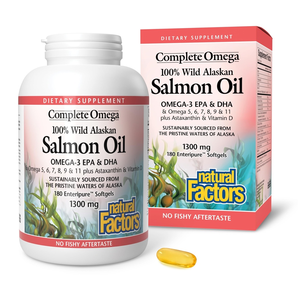 Komplet Omega af naturlige faktorer, Wild Alaska Salmon Oil, understøtter hjerte og hjerne sundhed med Omega-3 DHA og EPA, 180 softgels (180 portioner)