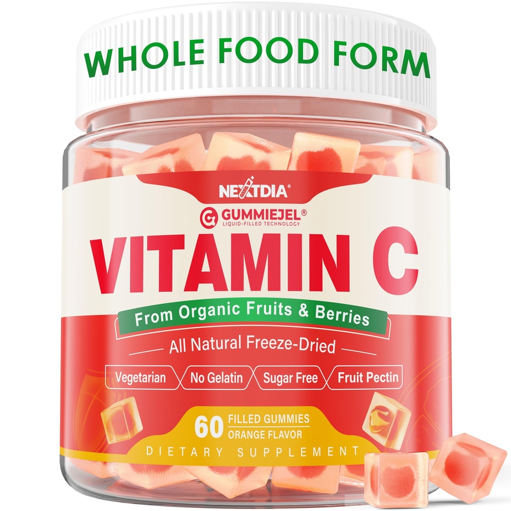 Økologisk C-vitamin Gummies 120mg for voksne, Sugar Free, Daglig immunforsvar, Raw Antioxidant, 100% Hel Food Chewable C-vitamin Supplement fra 1200mg bær & frugter til Collagen, Vegan, 60 Tællere