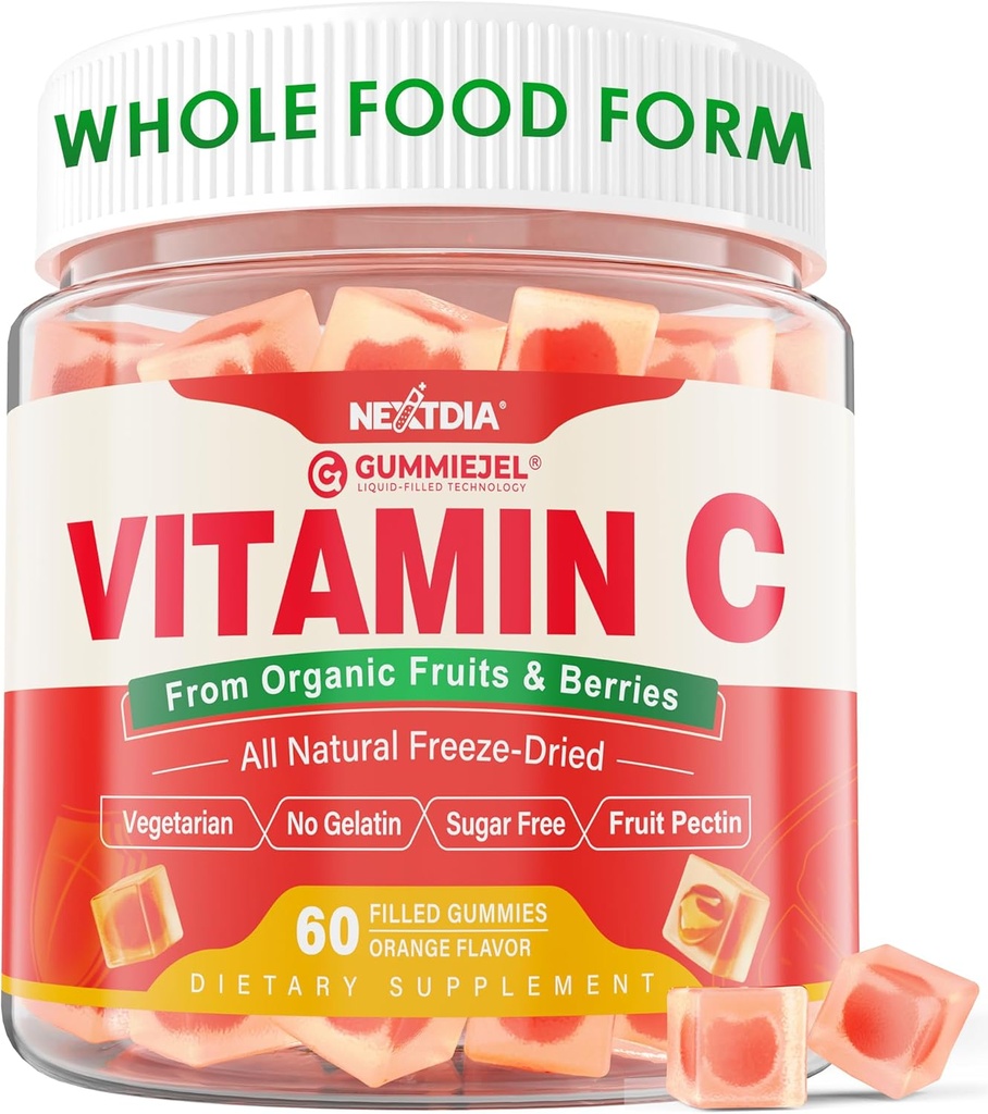 Økologisk C-vitamin Gummies 120mg for voksne, Sugar Free, Daglig immunforsvar, Raw Antioxidant, 100% Hel Food Chewable C-vitamin Supplement fra 1200mg bær & frugter til Collagen, Vegan, 60 Tællere