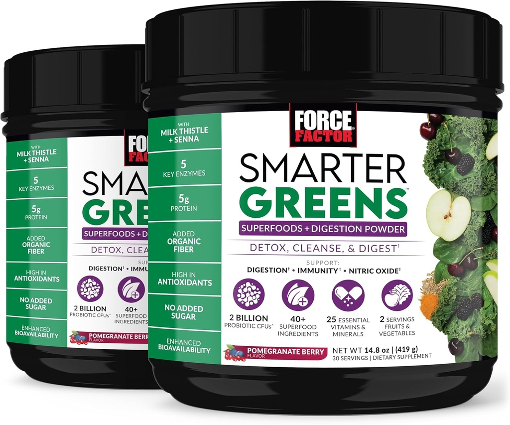 Force Factor Smarter Green Superfoods Powder to Support Fordøjelse, Gut Health, Bloating, Green Powder med Probiotika, Prebiotika, fordøjelsesfremmende enzymer, & Adaptogens, Pomegranat Berry, 60 Servering
