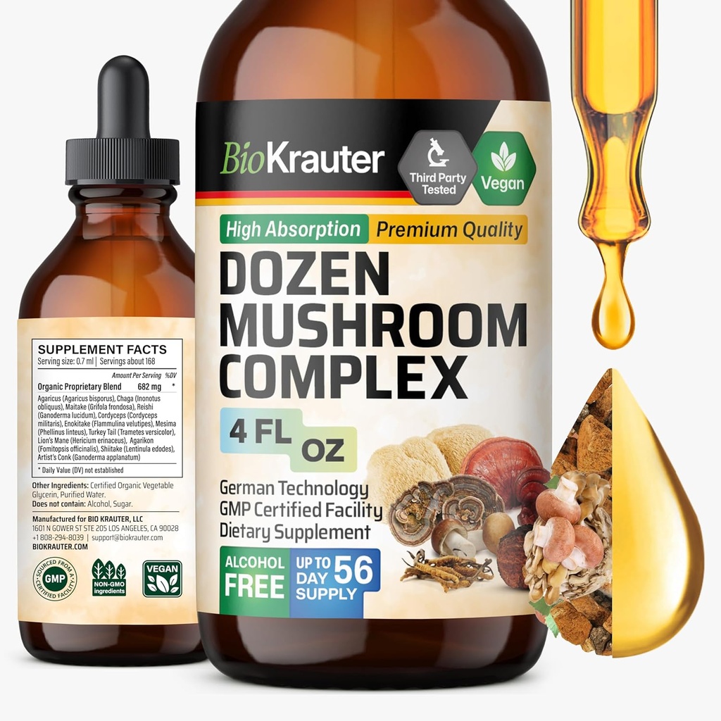 BIO KRAUTER Dozen Mushroom tinktur - immunsupport drop - fremmer fordøjelsesstøtte og kognitiv støtte - non-GMO, flydende immunitet forsvar Formel - 4 fl. oz flaske