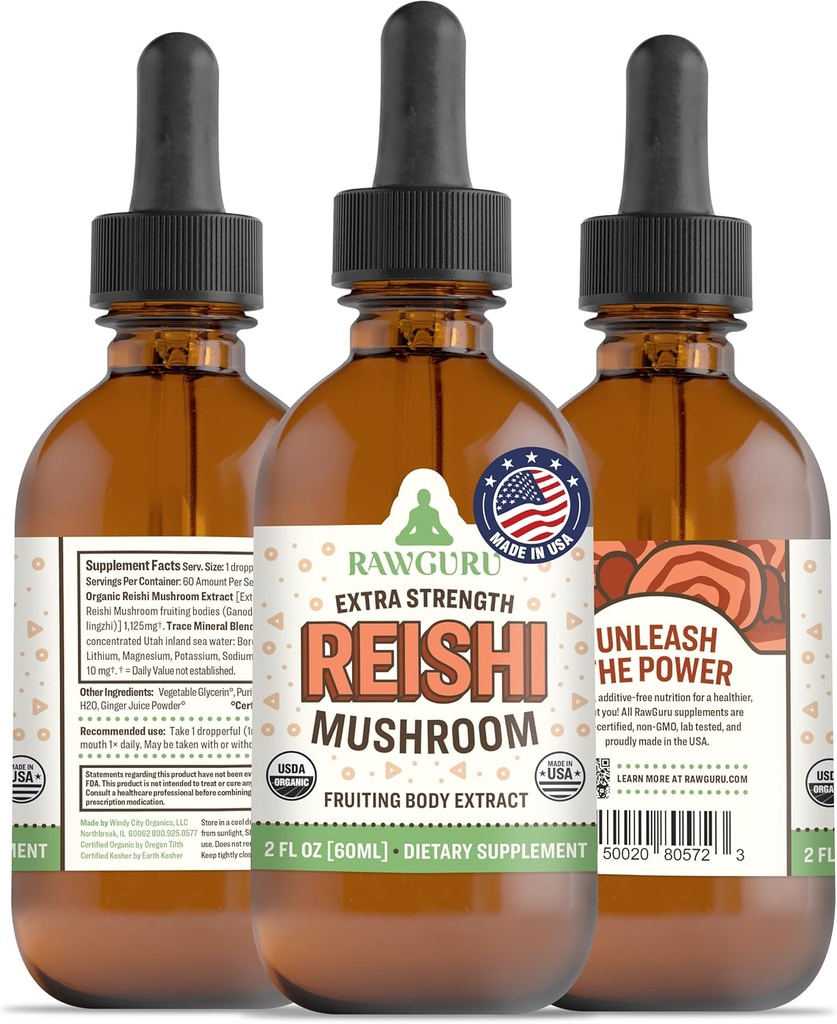 RawGuru Organic Reishi Mushroom Tinktur - Reishi Mushroom Uddrag med naturlige trace miner - Nano- Forarbejdede Kognitiv & Immunitet Support - 60 Serveringer af Vegan Drops pr 60 ml, Pack af 1