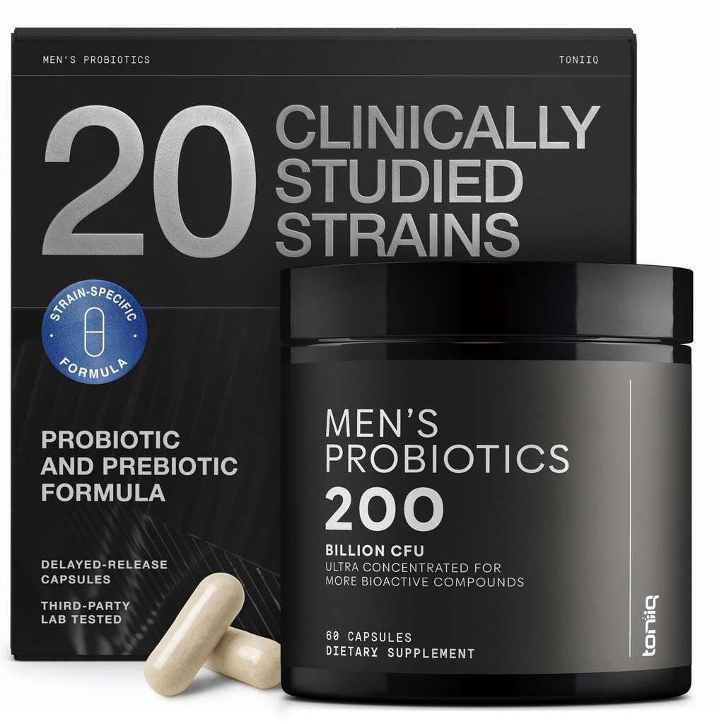 Toniiq Herre Probiotisk med 20 Verificerede Strops - 200 Bilion CFU + 200mg FOS Prebiotic - Herre Probiotika til Gut Health - Cold- Chain & Delayed- Release - Lab- Testede Synbiotic Formel
