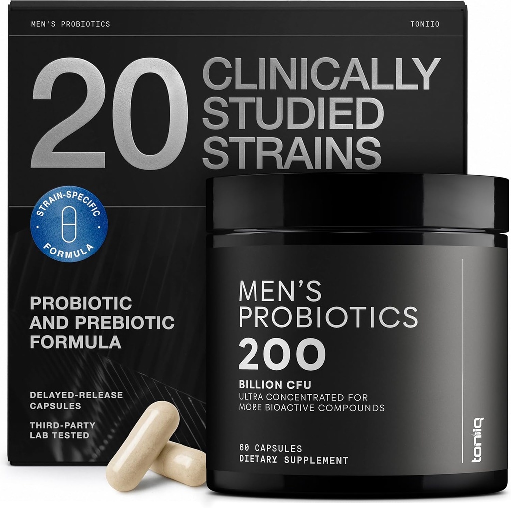 Toniiq Herre Probiotisk med 20 Verificerede Strops - 200 Bilion CFU + 200mg FOS Prebiotic - Herre Probiotika til Gut Health - Cold- Chain & Delayed- Release - Lab- Testede Synbiotic Formel