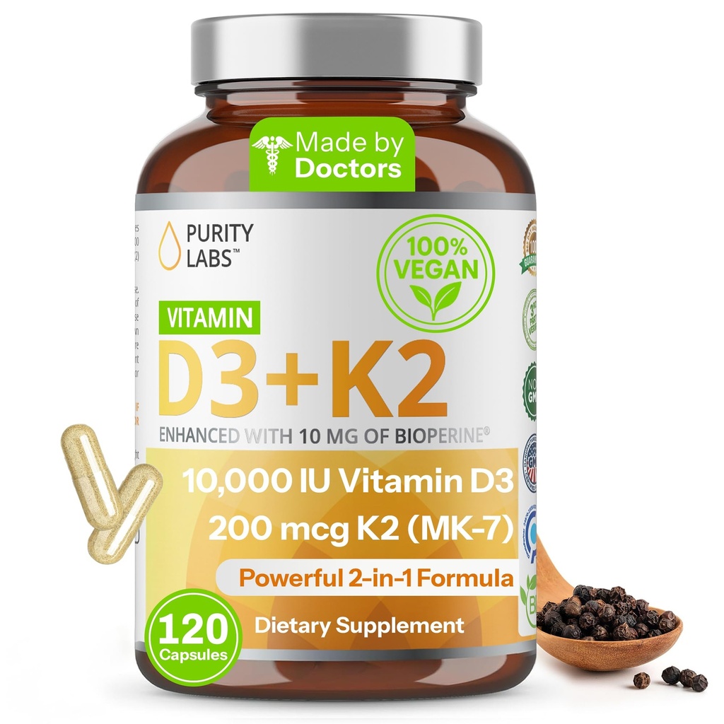 Renhed Labs Vitamin D3 K2 10000 IE, (250mcg) D3 + 200mcg K2 MK7 - Immun Support Forbedret med Bioperine - Kosttilskud til daglig forsvar, ben, muskel og hud sundhed - 120 kapsler