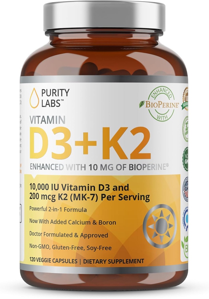 Renhed Labs Vitamin D3 K2 10000 IE, (250mcg) D3 + 200mcg K2 MK7 - Immun Support Forbedret med Bioperine - Kosttilskud til daglig forsvar, ben, muskel og hud sundhed - 120 kapsler