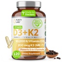 Renhed Labs Vitamin D3 K2 10000 IE, (250mcg) D3 + 200mcg K2 MK7 - Immun Support Forbedret med Bioperine - Kosttilskud til daglig forsvar, ben, muskel og hud sundhed - 120 kapsler