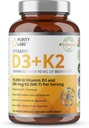 Renhed Labs Vitamin D3 K2 10000 IE, (250mcg) D3 + 200mcg K2 MK7 - Immun Support Forbedret med Bioperine - Kosttilskud til daglig forsvar, ben, muskel og hud sundhed - 120 kapsler
